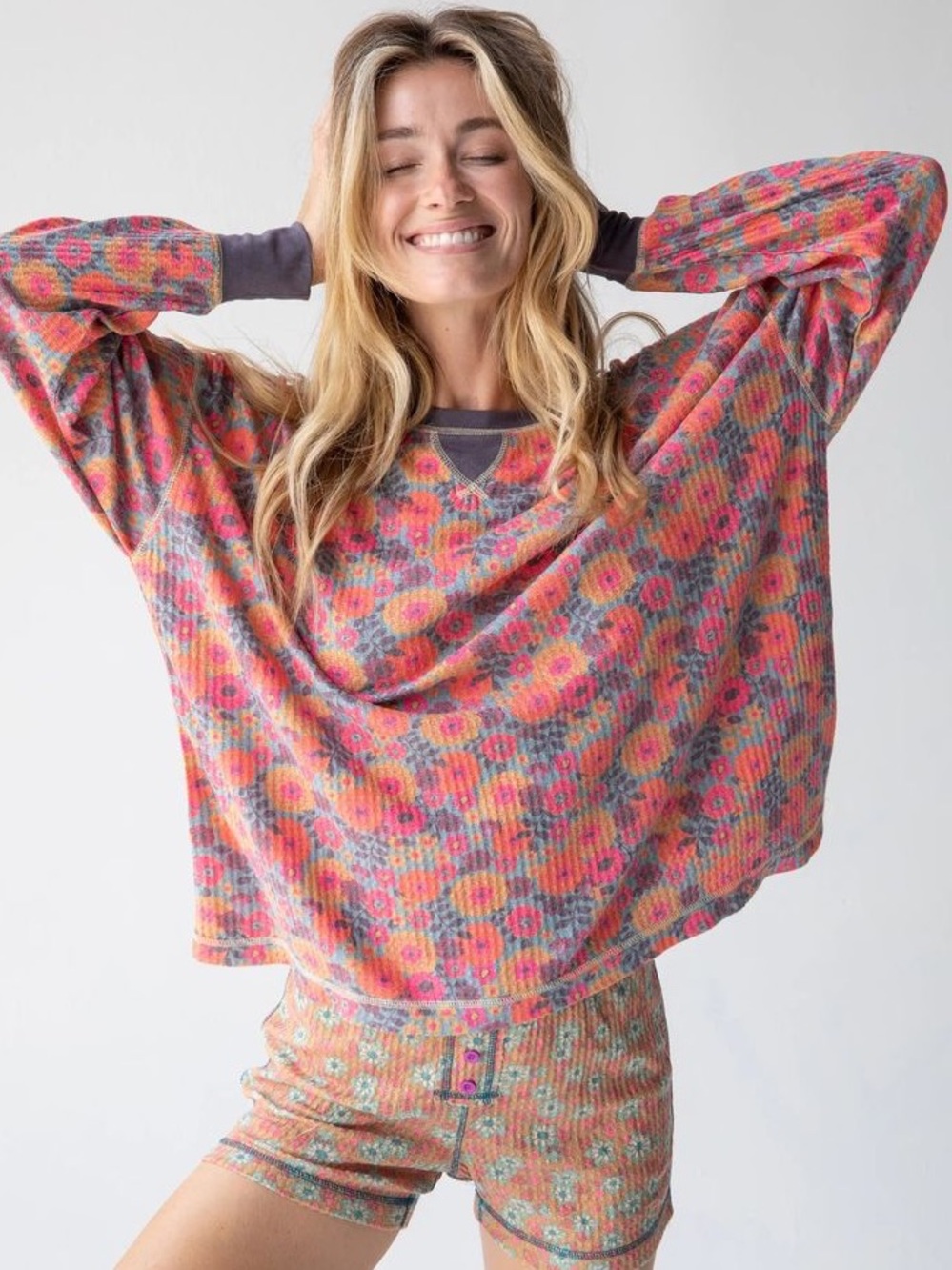 Natural Life Floral Ribbed Knit thermal top long sleeve multicolor pink